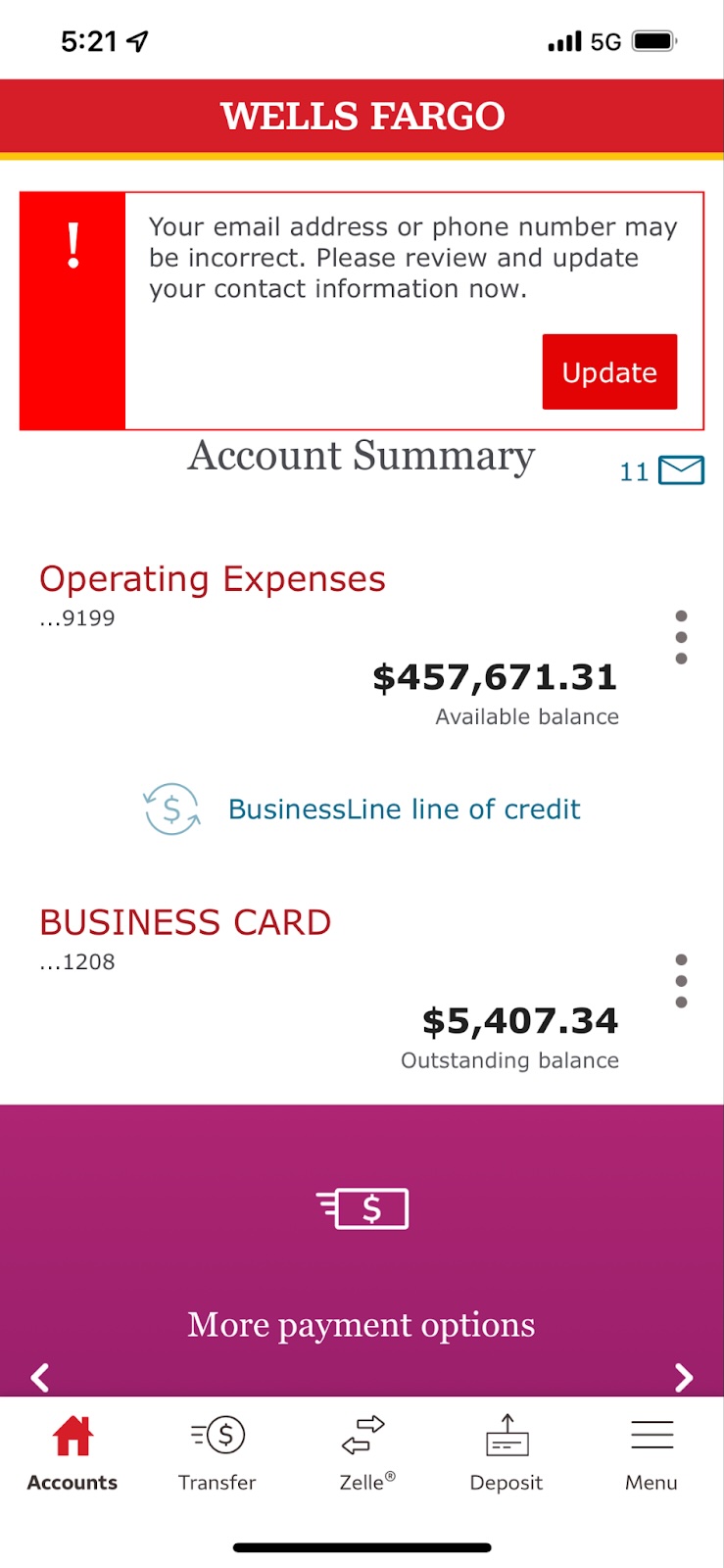 Screenshot: mobile banking dashboard, $457,671.31 available balance